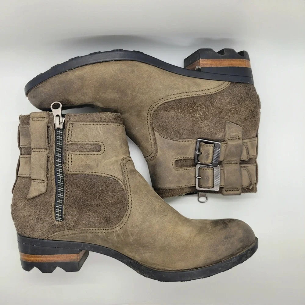 Sorel Phoenix Moto Ankle Boots Quarry Grey Leather Suede Buckle NL3080-245 7.5